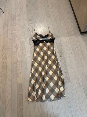 Forever 21 Plaid Satin Slip Dress with Black Lace Trim - Cream & Brown